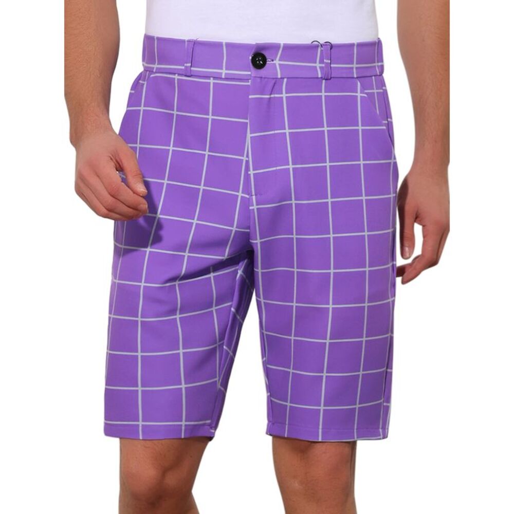 Plaid Shorts Flat Front Color Block Checked Golf Shorts Purple